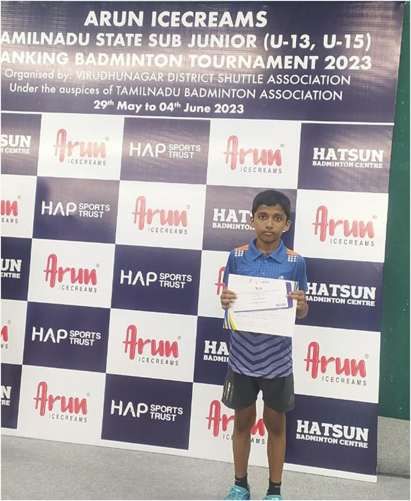 Velammal student secures third rank in Badminton Tourney