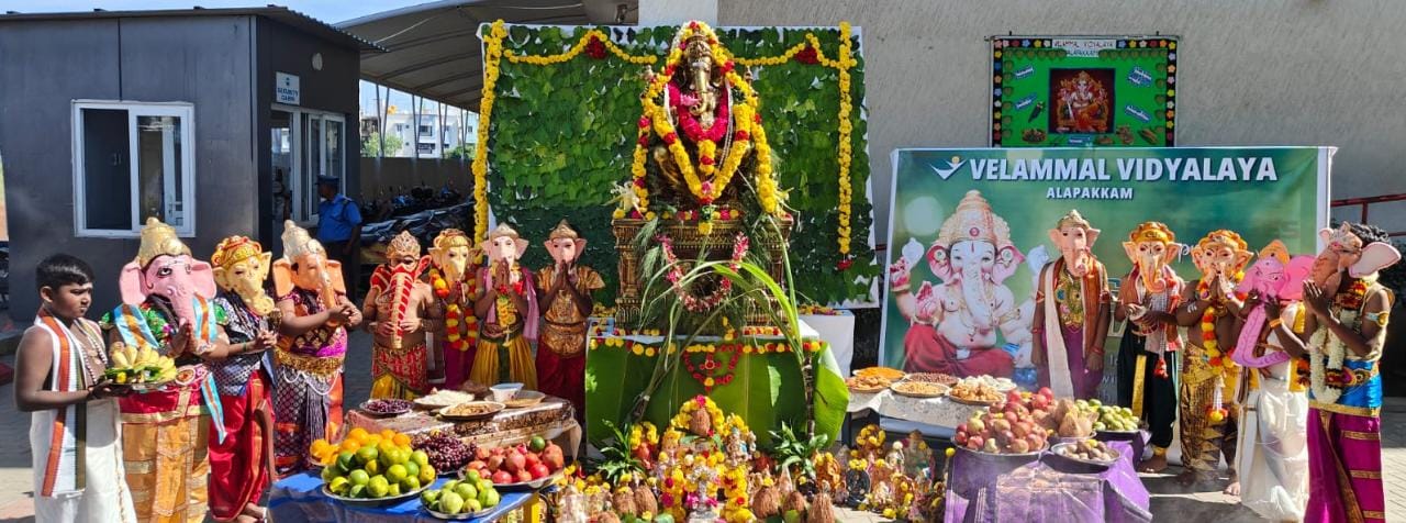 Vinayagar Chaturthi celebration Velammal Vidyalaya, Alapakkam celebrated Vinayagar Chaturthi on September 15, a festival dedicated to Lord Ganesha, the remover of obstacles. The festivities commenced with the installation of a beautifully adorned idol of Lord Ganesha in the school premises. The idol was crafted with meticulous detail and students had the chance to participate in decorating it with vibrant colours and flowers.This hands on involvement helped students connect with the spirit of the festival.