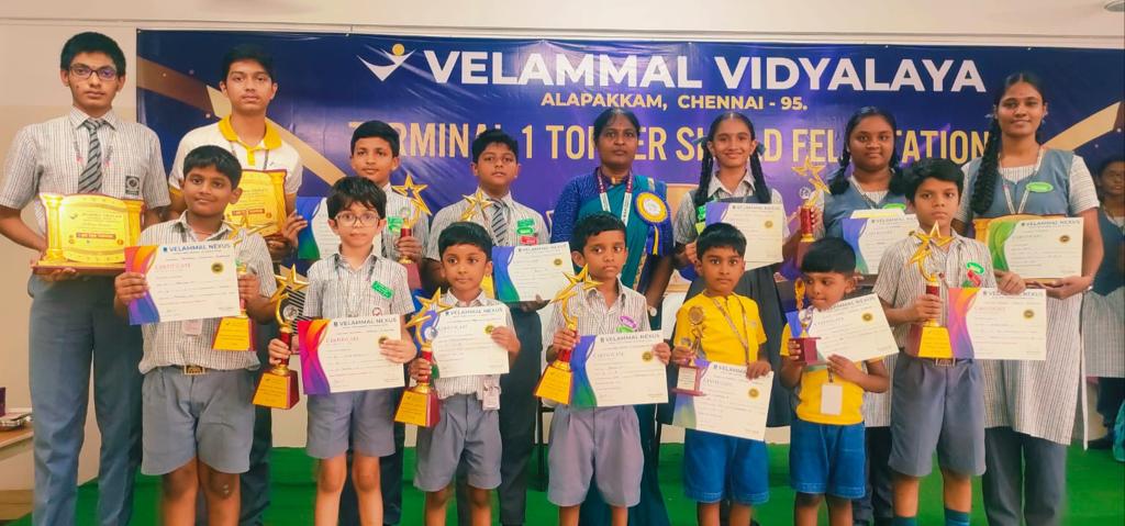 Velammal Vidyalaya, Alapakkam hosted the Topper Shield Distribution Ceremony on October 12 honoring the bright and dedicated students who have excelled in their academic pursuits. The event was graced by the esteemed presence of Dr. Anuradha HOD, Dr. MGR Educational and Research Institute, Chennai. Merit scholars and centum holders, who have consistently showcased exceptional dedication and intelligence, were awarded the coveted Topper Shield, symbolizing their academic excellence and their place at the pinnacle of achievement.